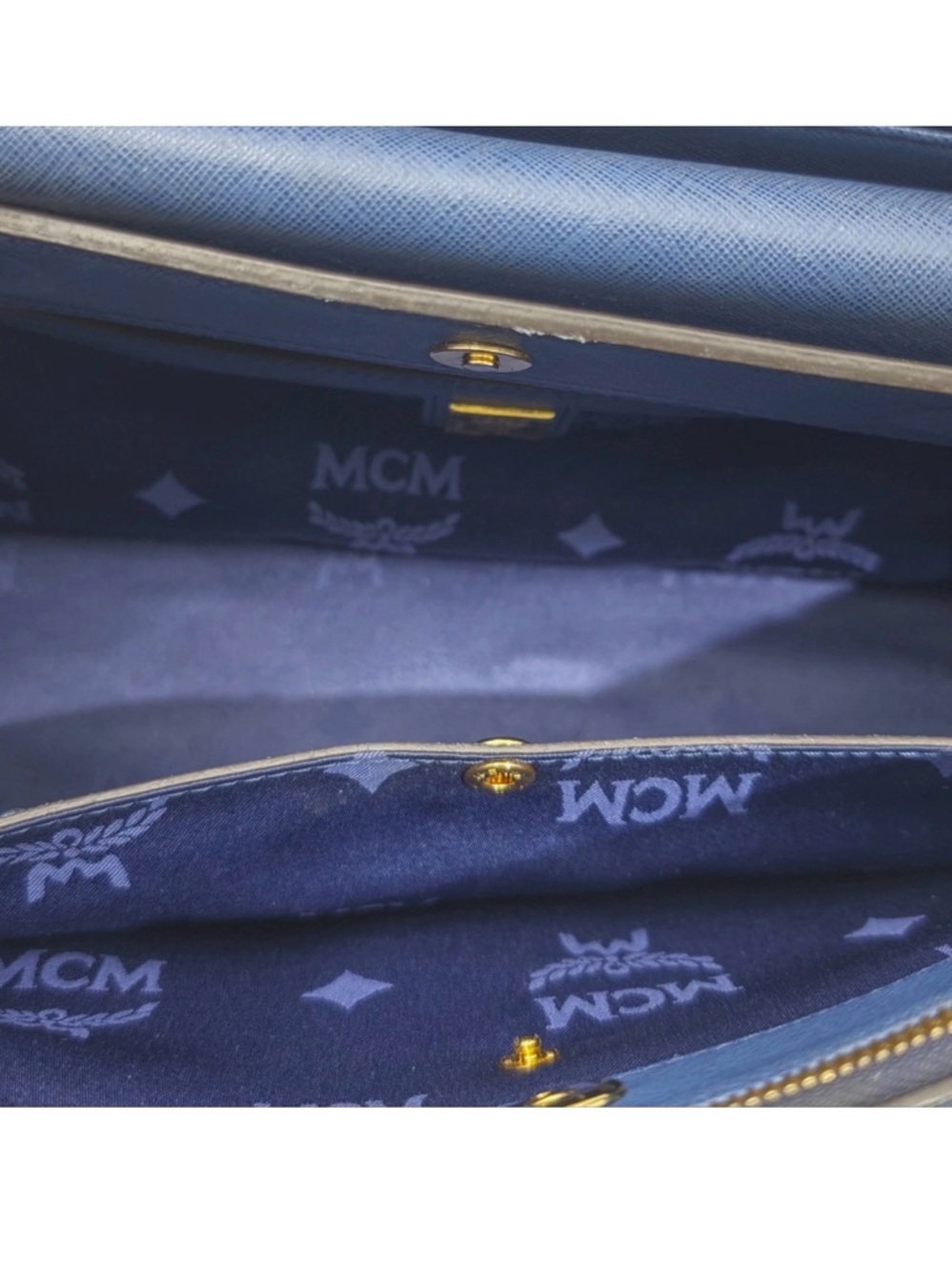 MCM Blue Leather Structured Top-Handle Satchel with Gold Hardware - Picture 9 of 10